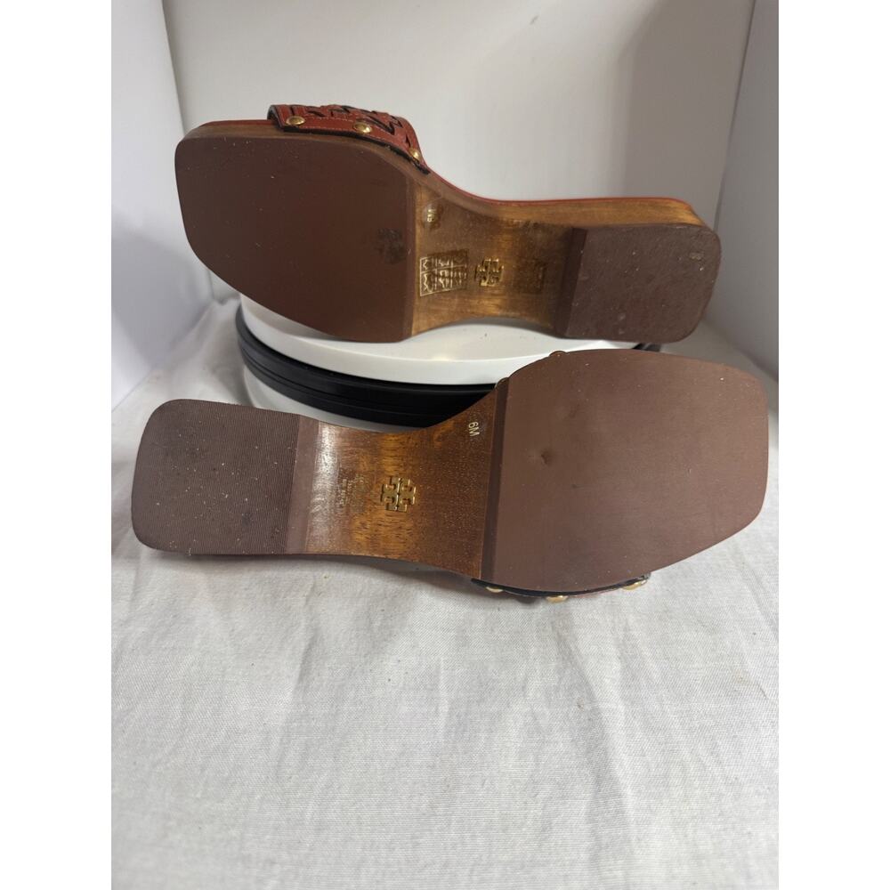 Tory Burch Basketweave Brown Leather Wooden Clog Slip On Size 6 medium - Picture 6 of 6